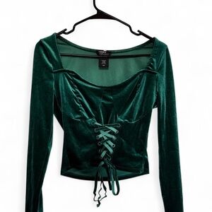 Thorn and Fable Green Velvet Lace-Up Top
